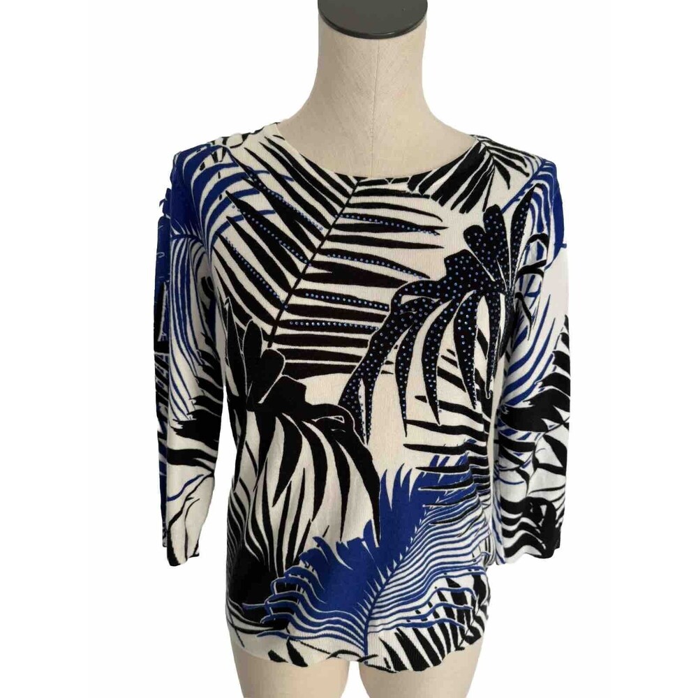 Annabelle Blue Black Sweater Floral Rhinestone 3/4 Sleeves Tropical Small